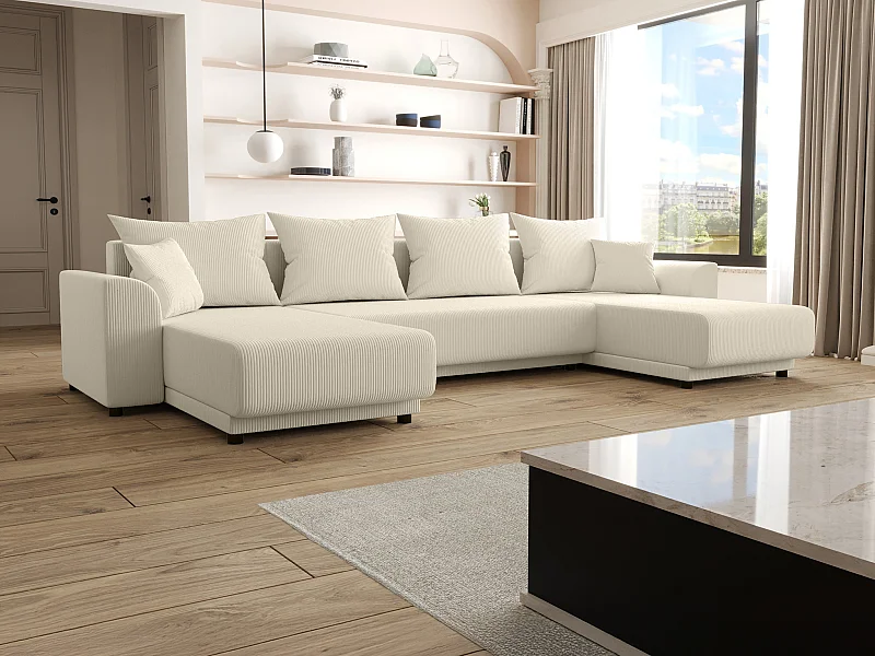 Panoramisk hjørnesofa med sovesofa i beige fløjl NESSARO