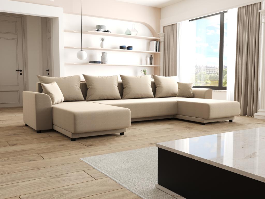 Canapé d'angle panoramique convertible en tissu beige NESSARO