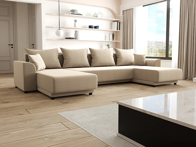 Canapé d'angle panoramique convertible en tissu beige NESSARO