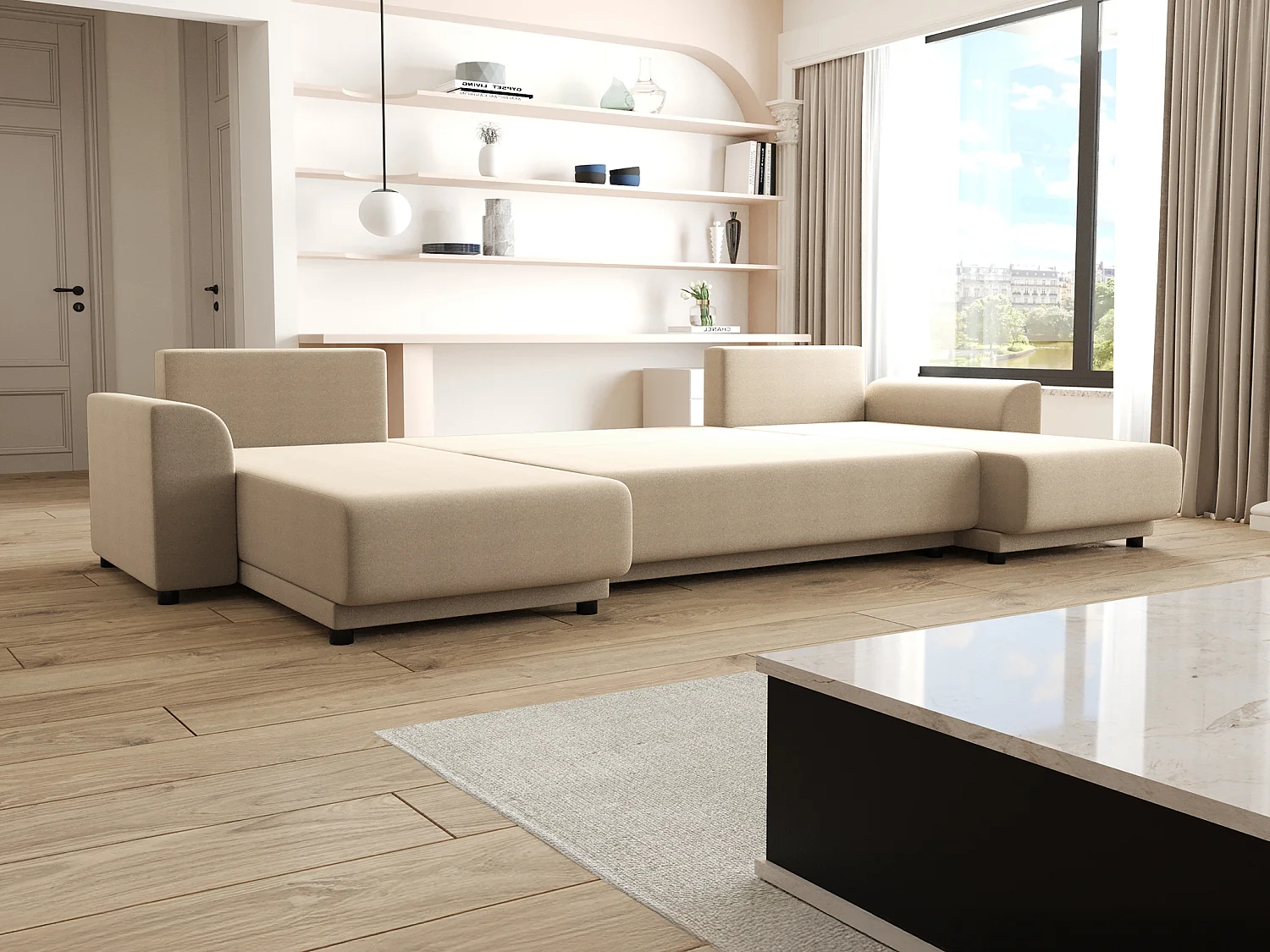 Brede hoekslaapbank van beige stof NESSARO