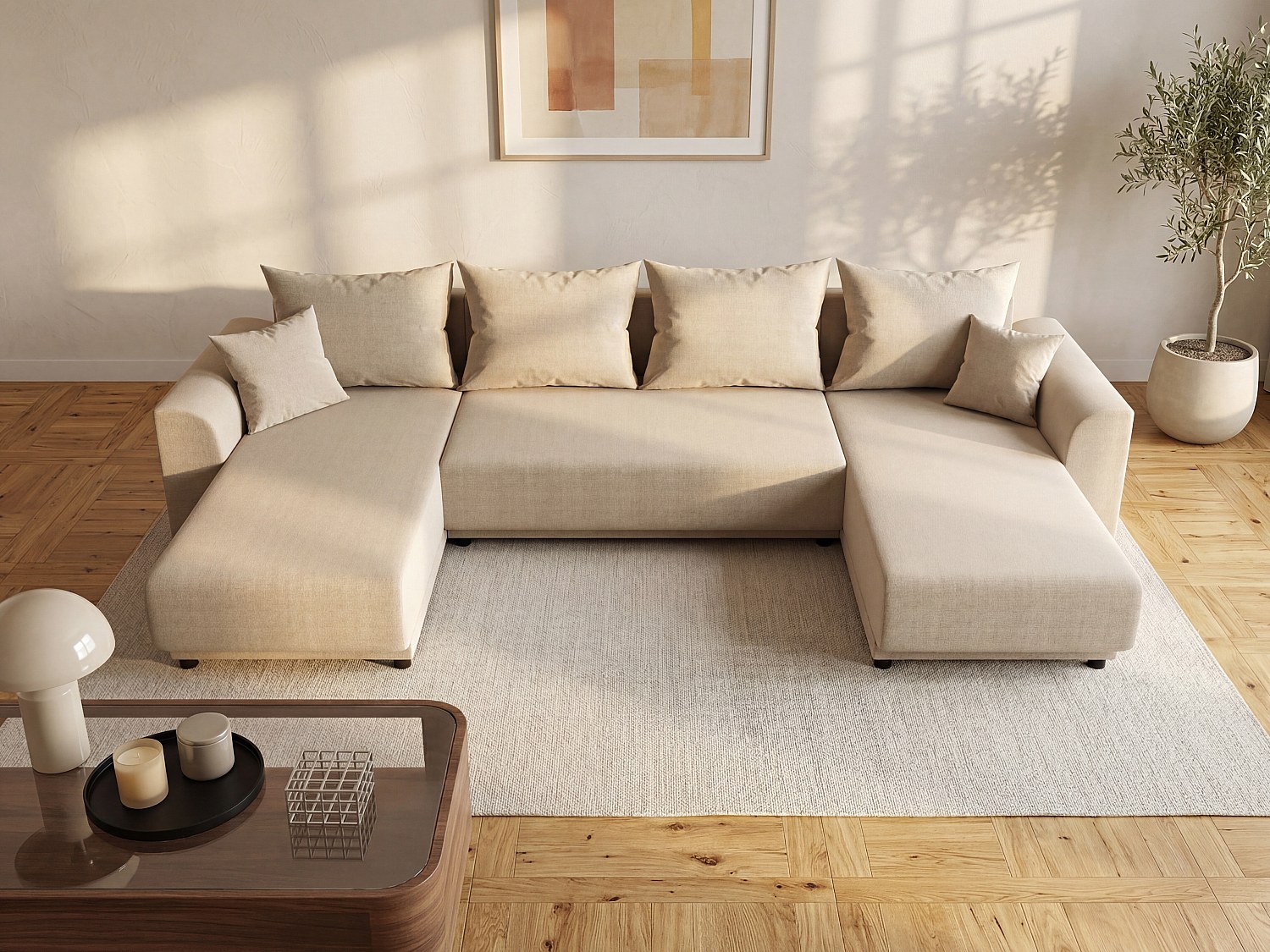 Canapé d'angle panoramique convertible en tissu beige NESSARO