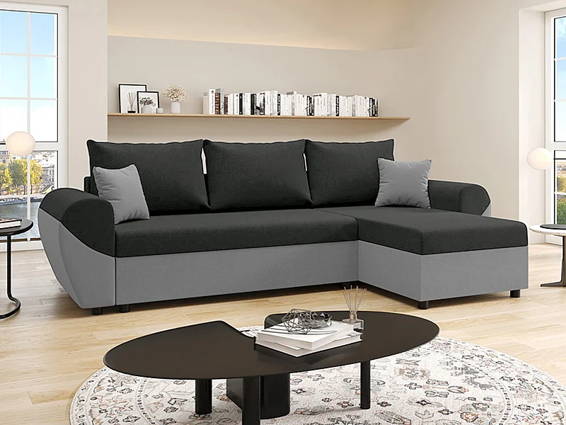 Canapé d'angle convertible et réversible en tissu noir et gris LIERNO