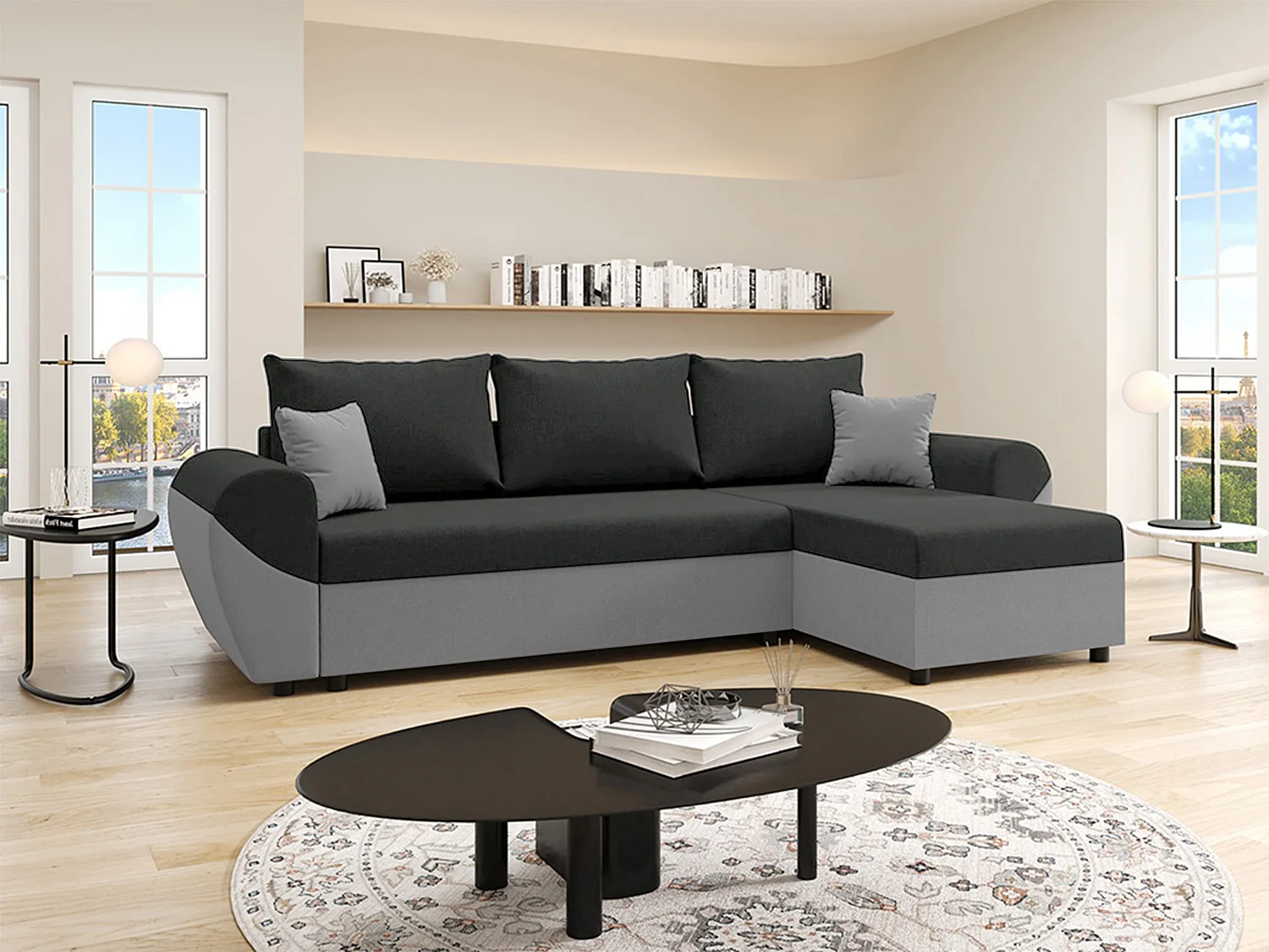 Canapé d'angle convertible et réversible en tissu noir et gris LIERNO