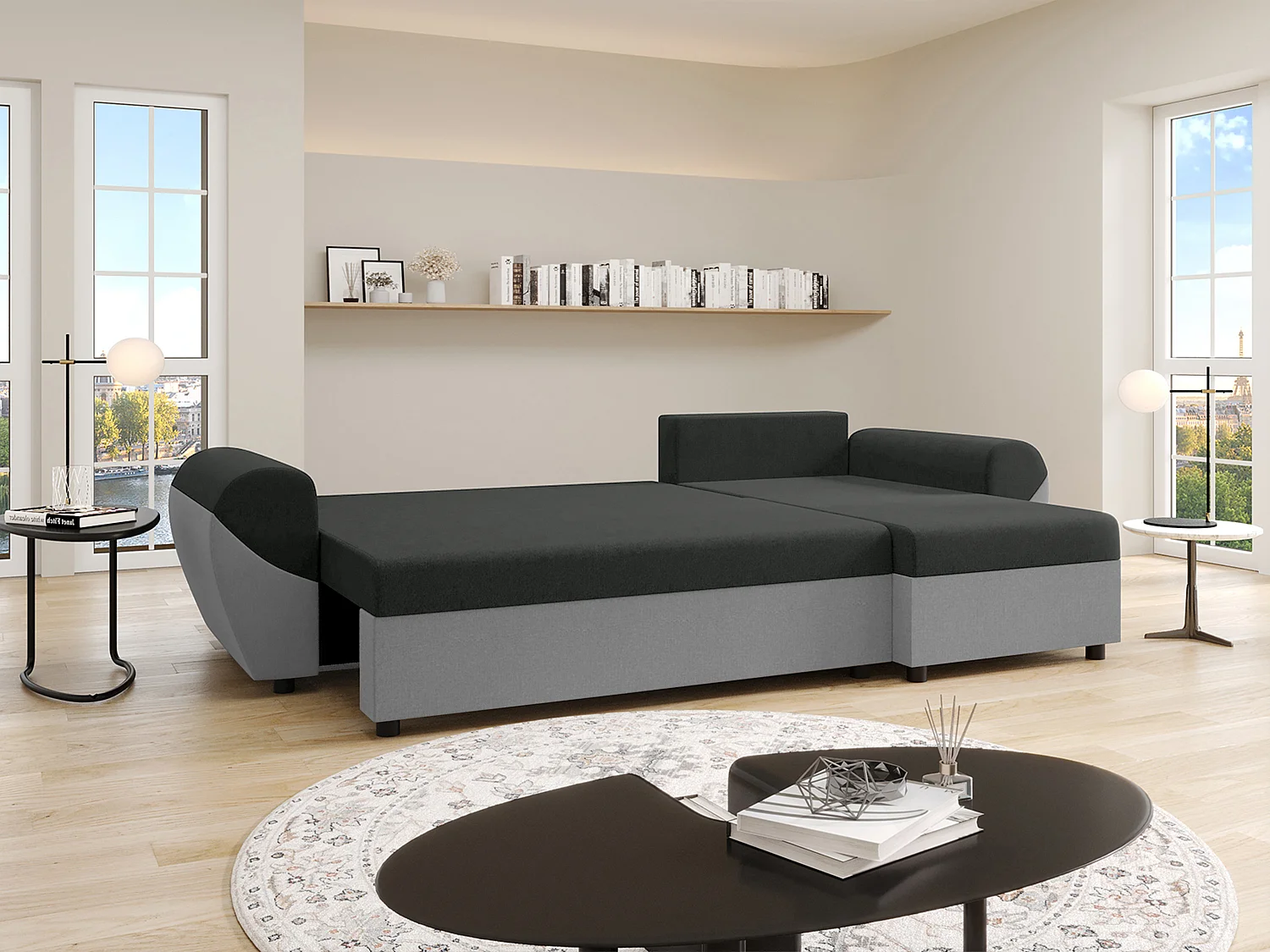 Canapé d'angle convertible et réversible en tissu noir et gris LIERNO