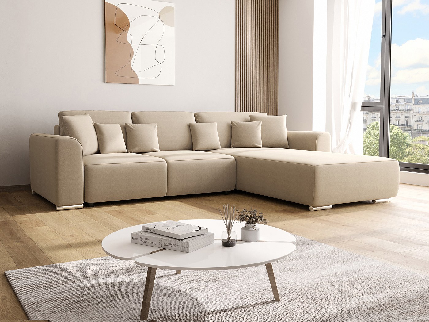 Canapé d'angle convertible en tissu beige DEREK XL - Angle droit