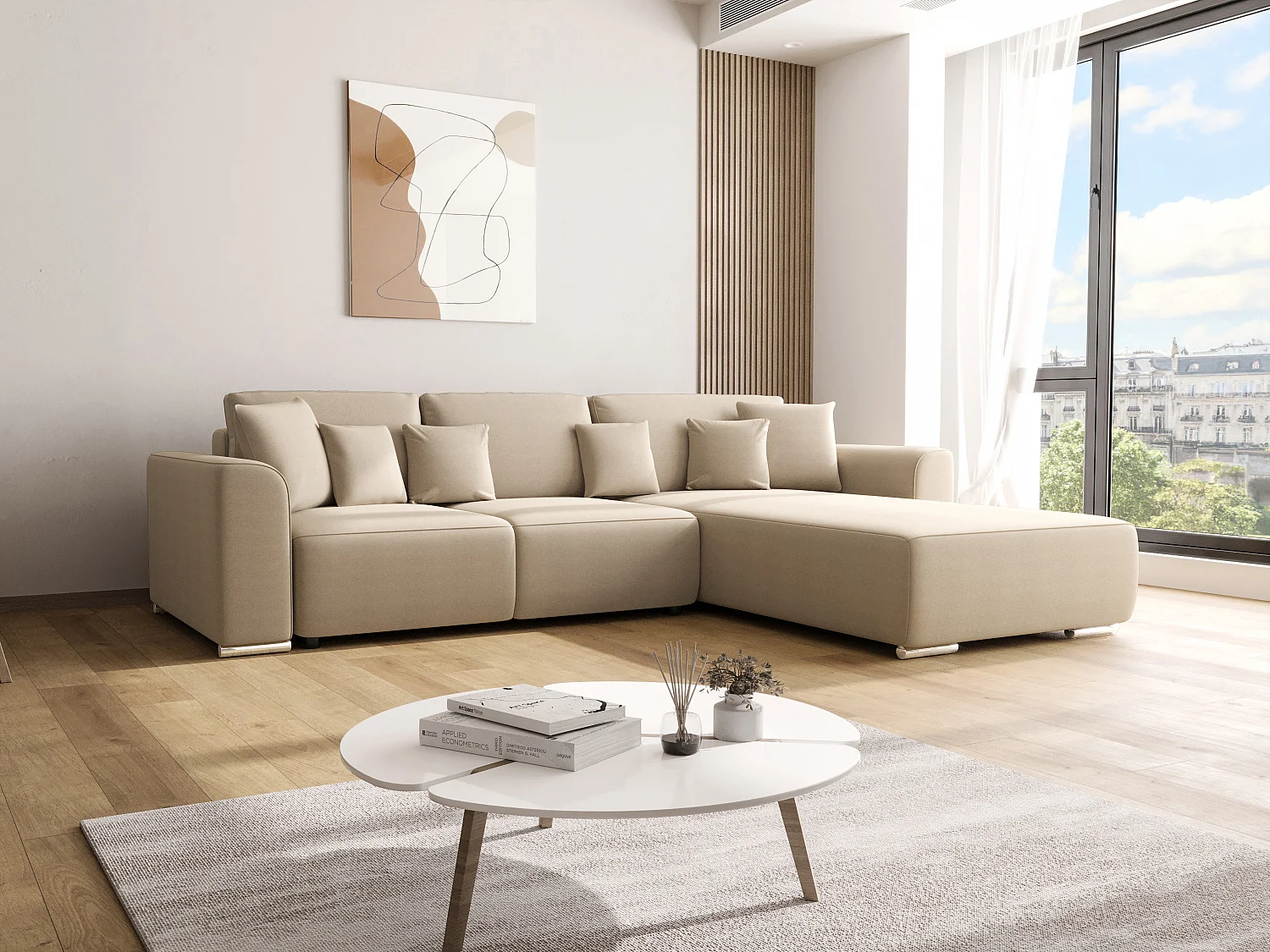 Canapé d'angle convertible et réversible en tissu beige MELTANA