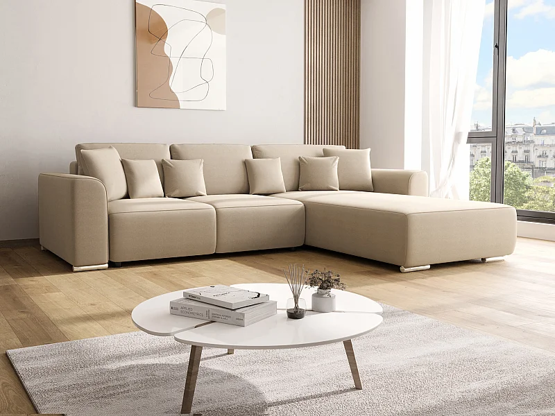 Hjørnesofa, som kan slås ud og vendes, i beige stof MELTANA