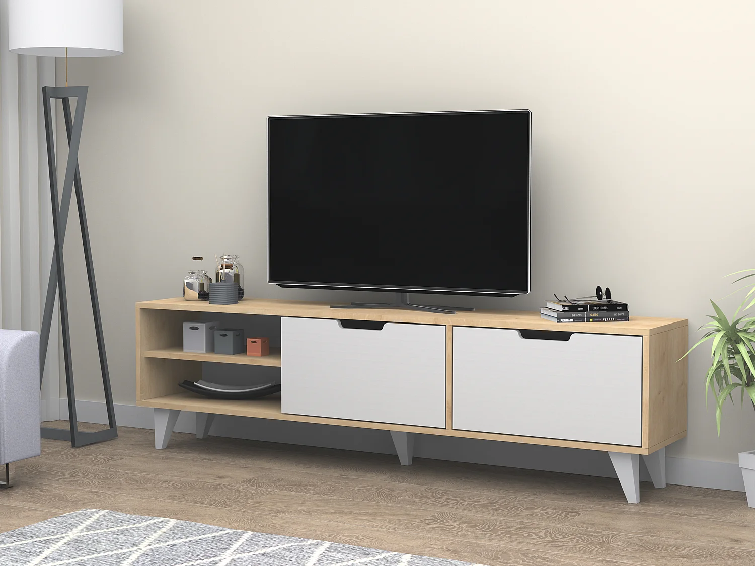 Meuble TV avec 2 portes et 2 niches - Blanc et Naturel - CORENIA