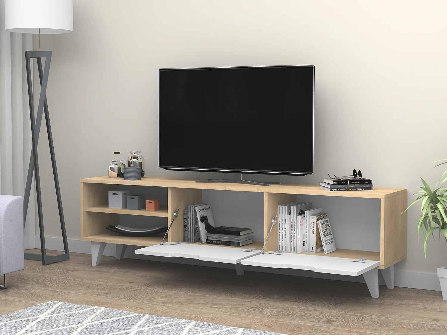 Meuble TV avec 2 portes et 2 niches - Blanc et Naturel - CORENIA