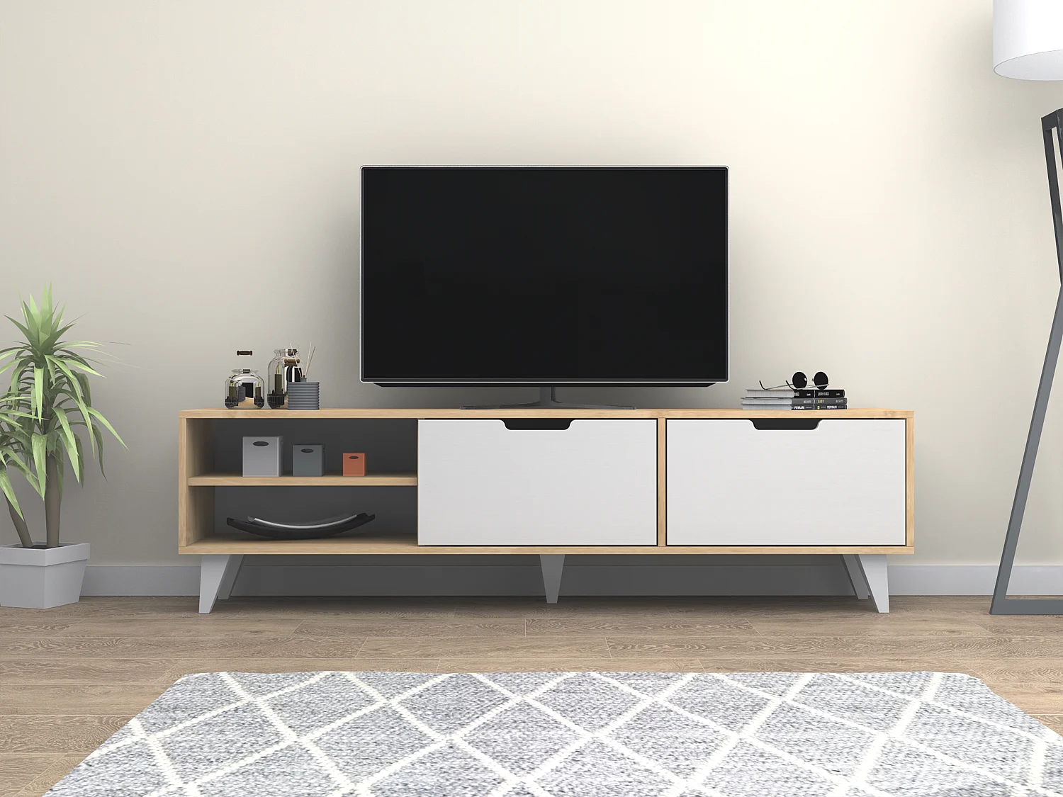 Meuble TV avec 2 portes et 2 niches - Blanc et Naturel - CORENIA