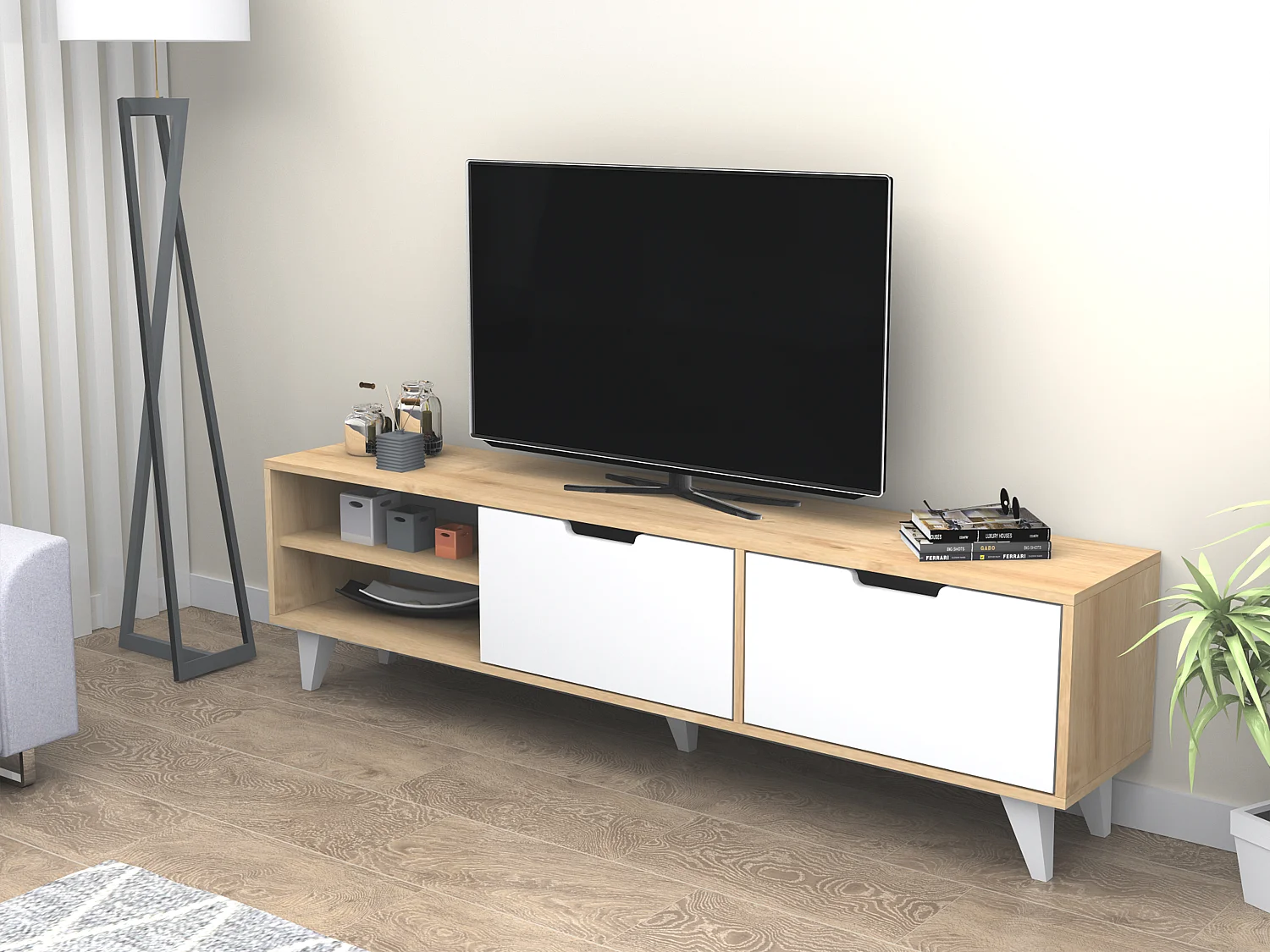 Meuble TV avec 2 portes et 2 niches - Blanc et Naturel - CORENIA