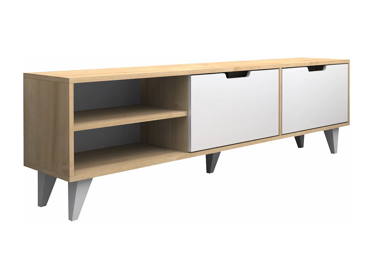 Meuble TV avec 2 portes et 2 niches - Blanc et Naturel - CORENIA