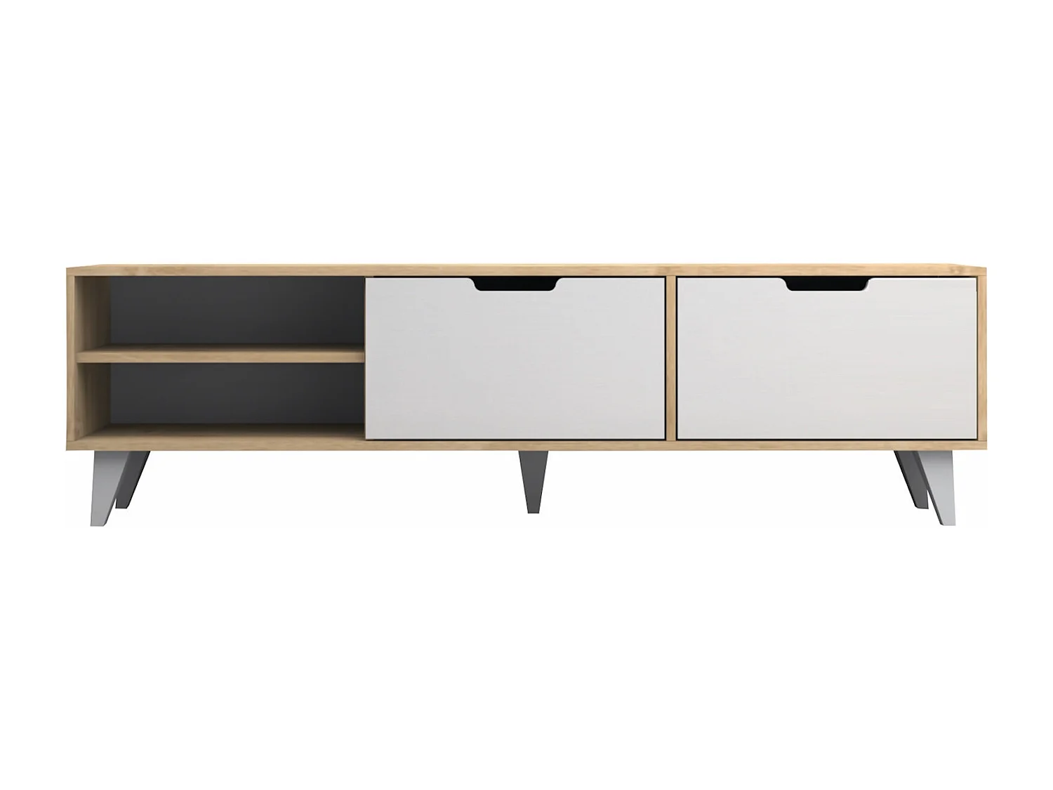 Meuble TV avec 2 portes et 2 niches - Blanc et Naturel - CORENIA