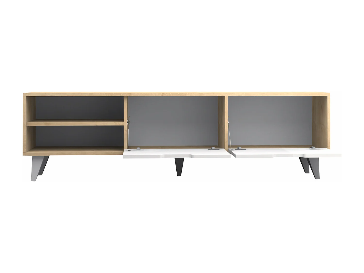 Meuble TV avec 2 portes et 2 niches - Blanc et Naturel - CORENIA