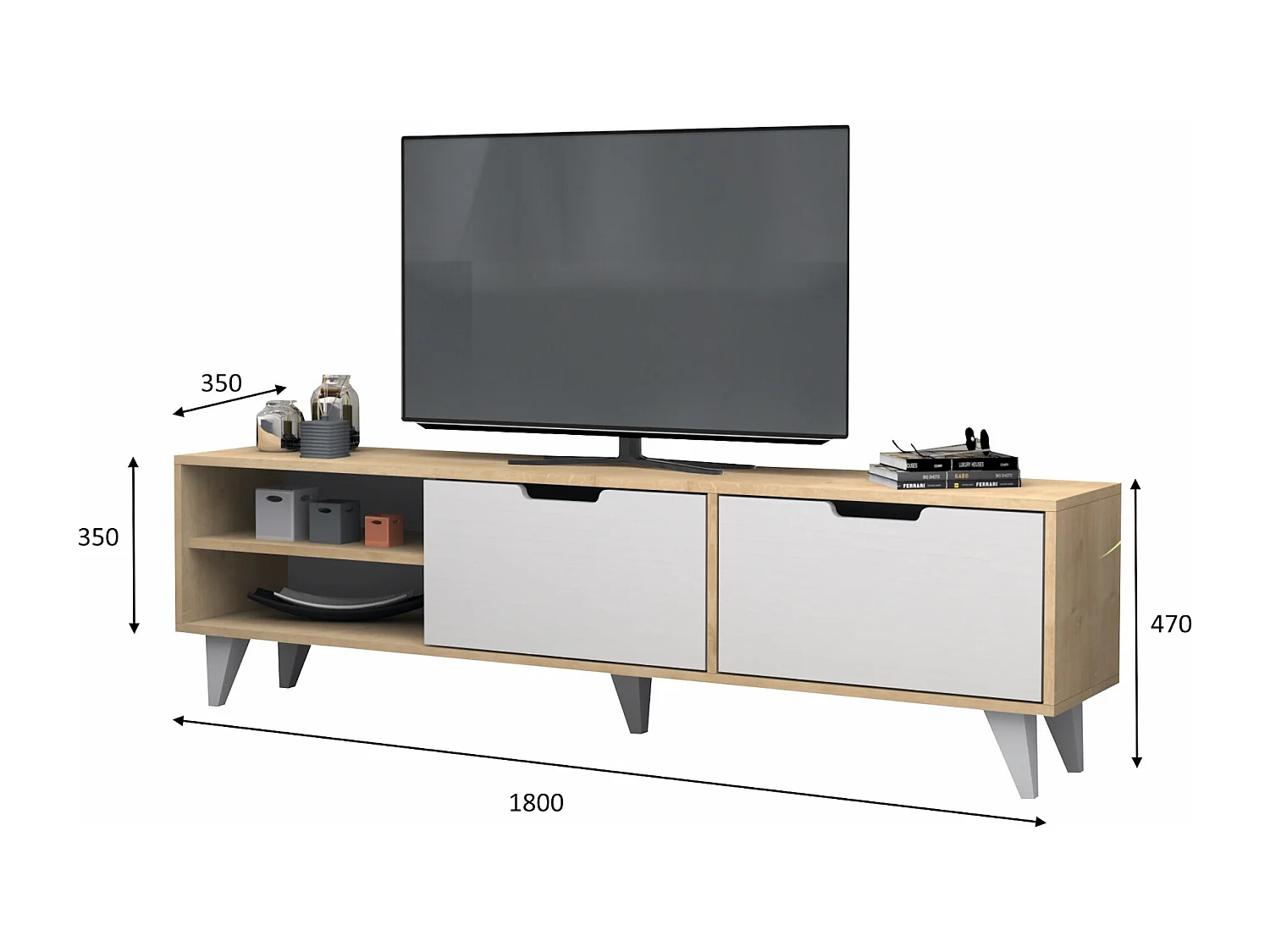 Meuble TV avec 2 portes et 2 niches - Blanc et Naturel - CORENIA