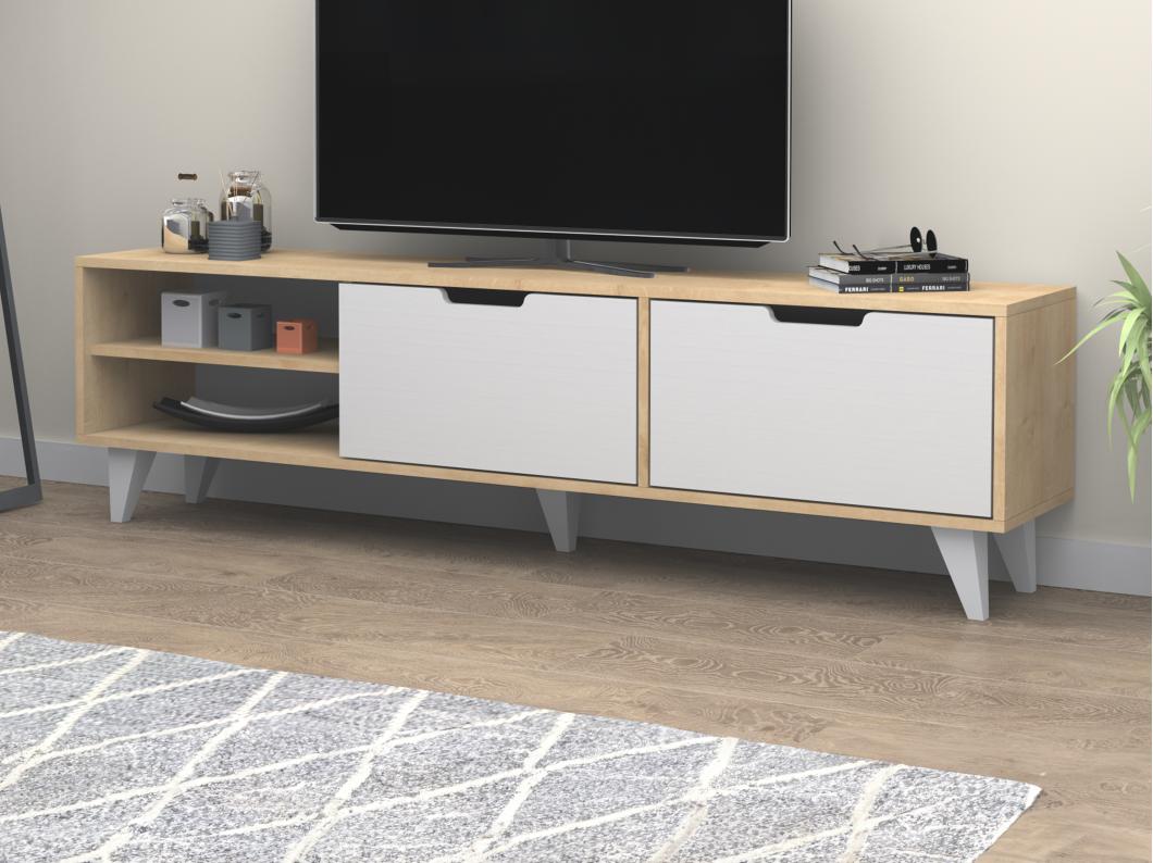 Móvel de TV com 2 portas e 2 nichos branco e natural - CORENIA