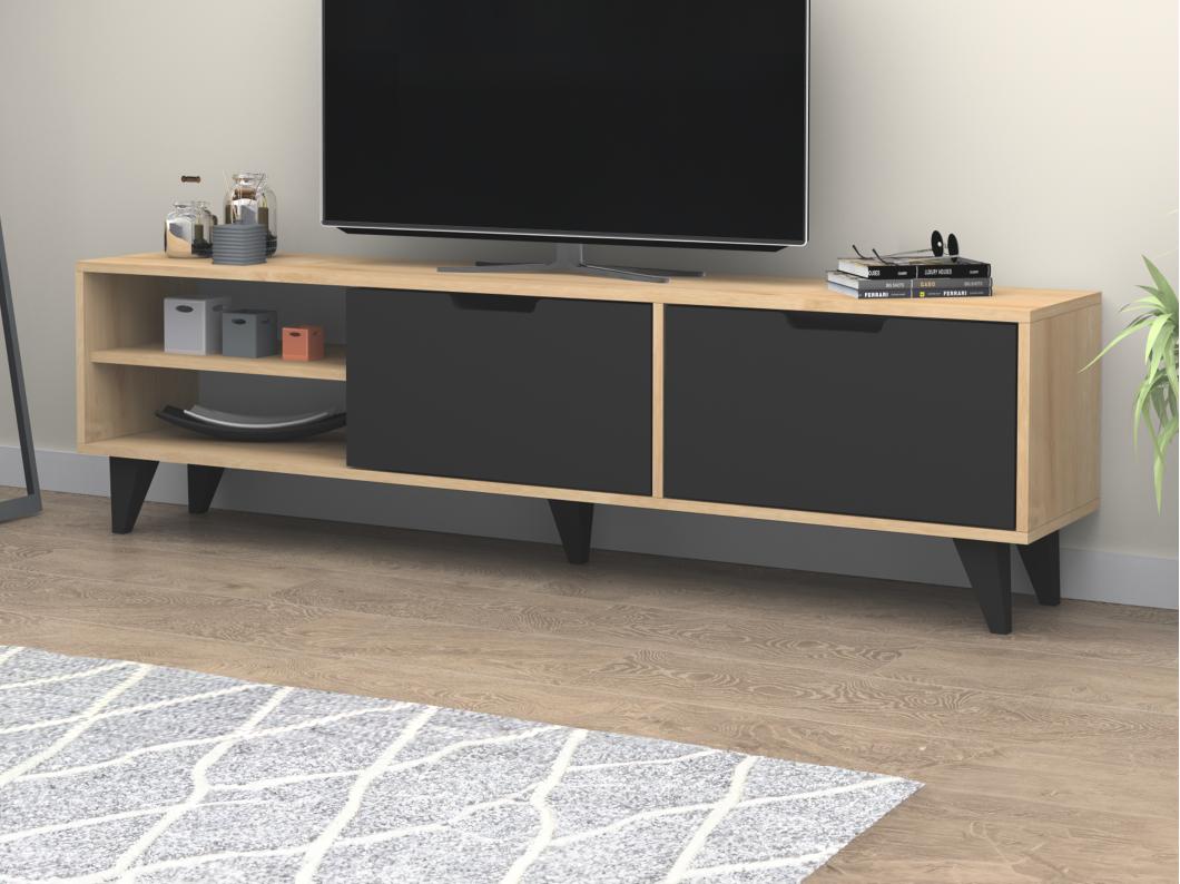 Meuble TV avec 2 portes et 2 niches - Noir et Naturel - CORENIA