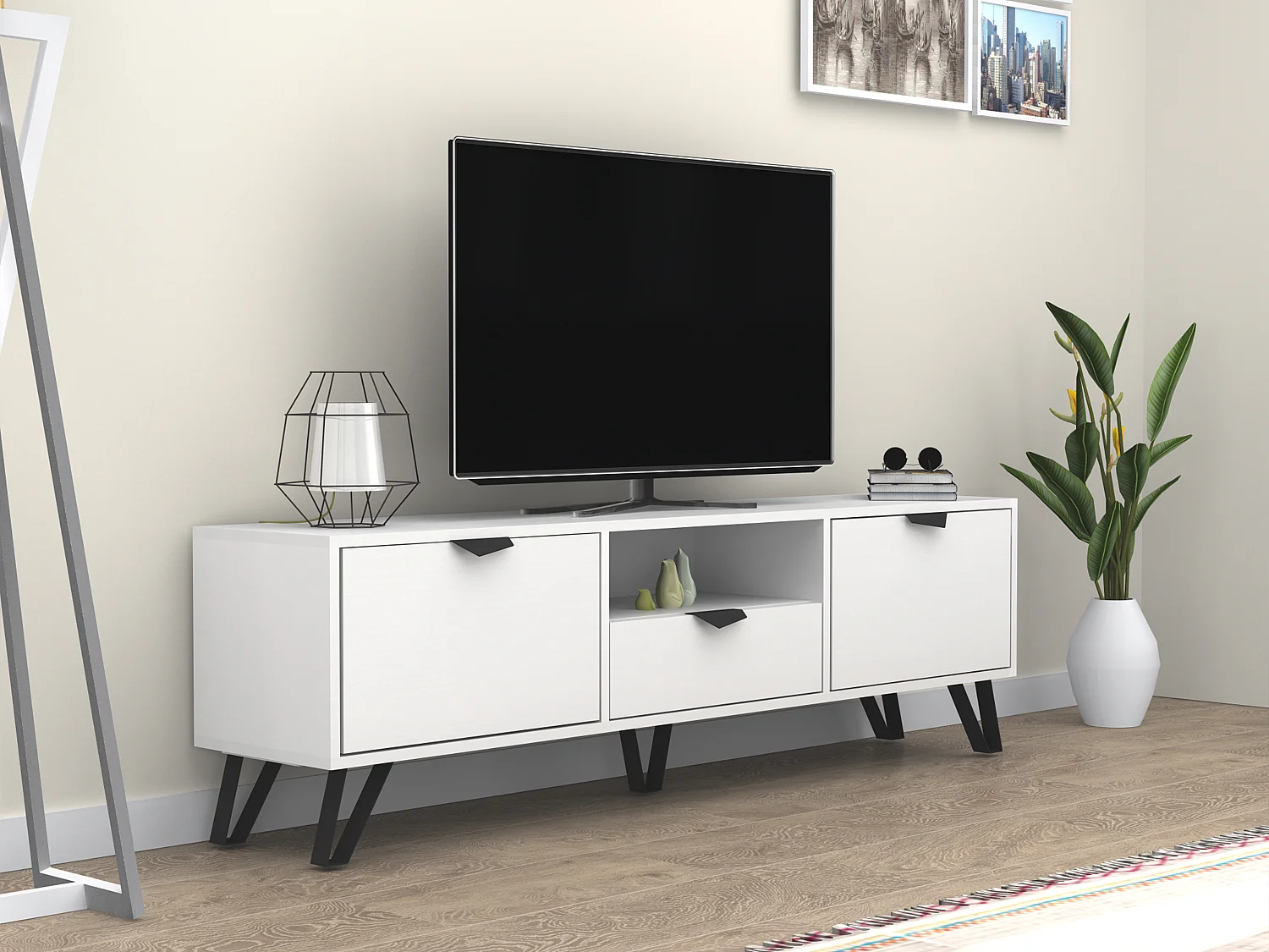 Meuble TV avec 2 portes, 1 tiroir et 1 niche - Blanc et Noir - CARDELIA