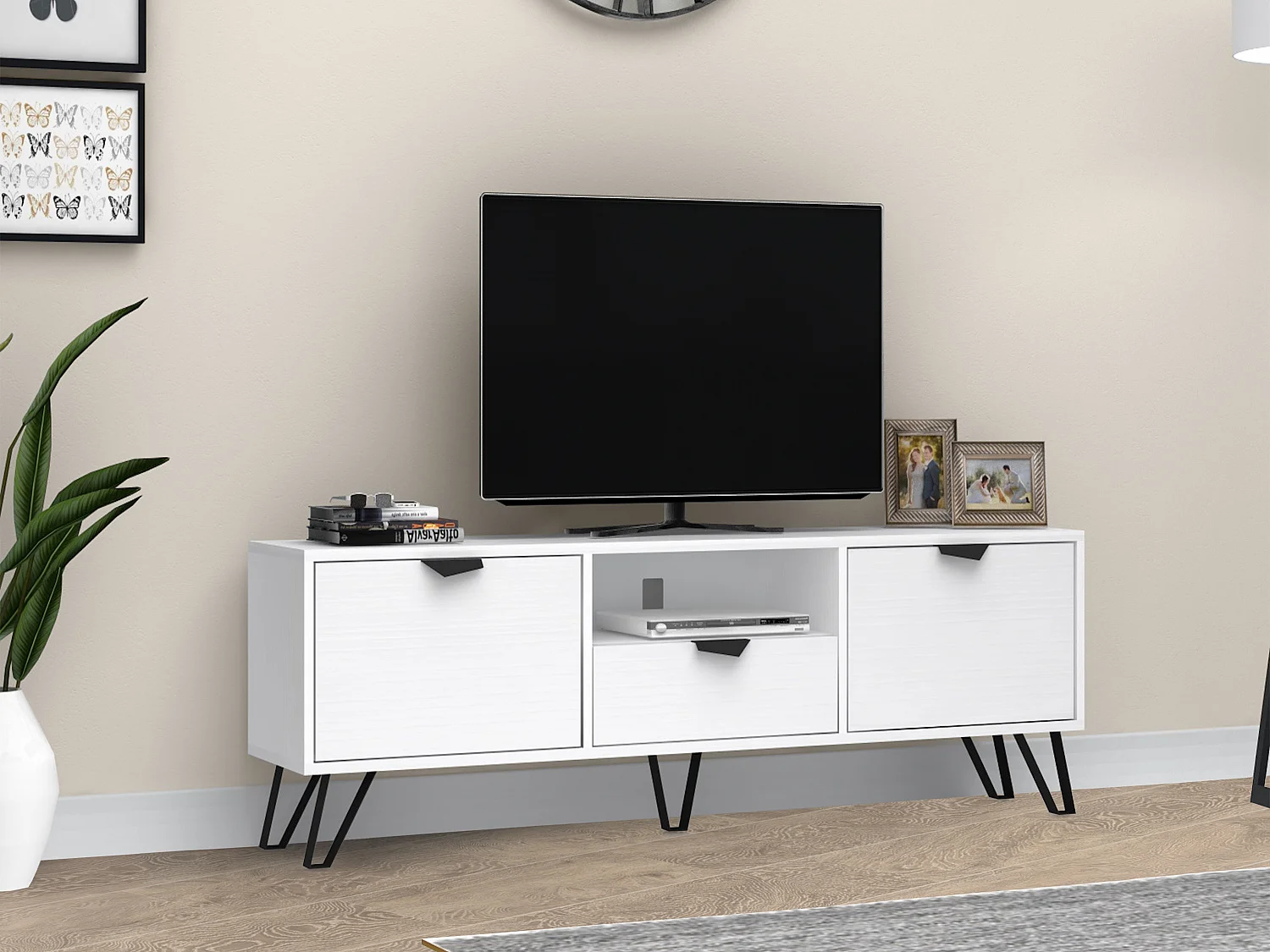 Meuble TV avec 2 portes, 1 tiroir et 1 niche - Blanc et Noir - CARDELIA