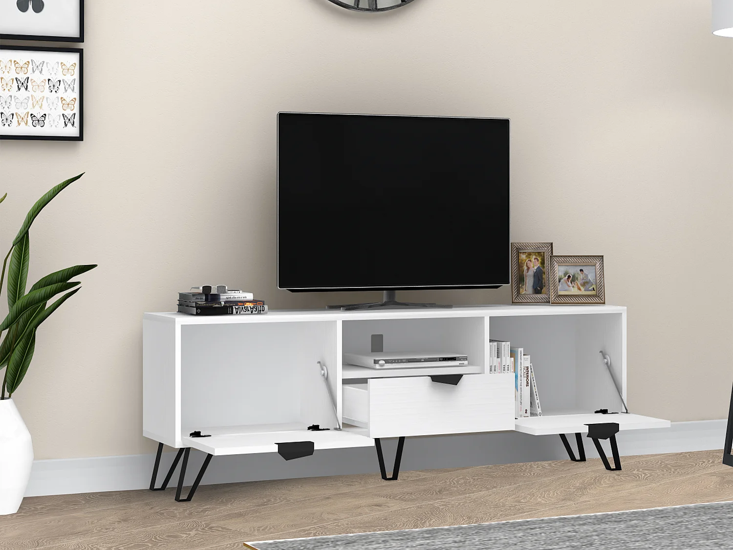 Mueble de TV con 2 puertas, 1 cajón y 1 estante - blanco y negro - CARDELIA