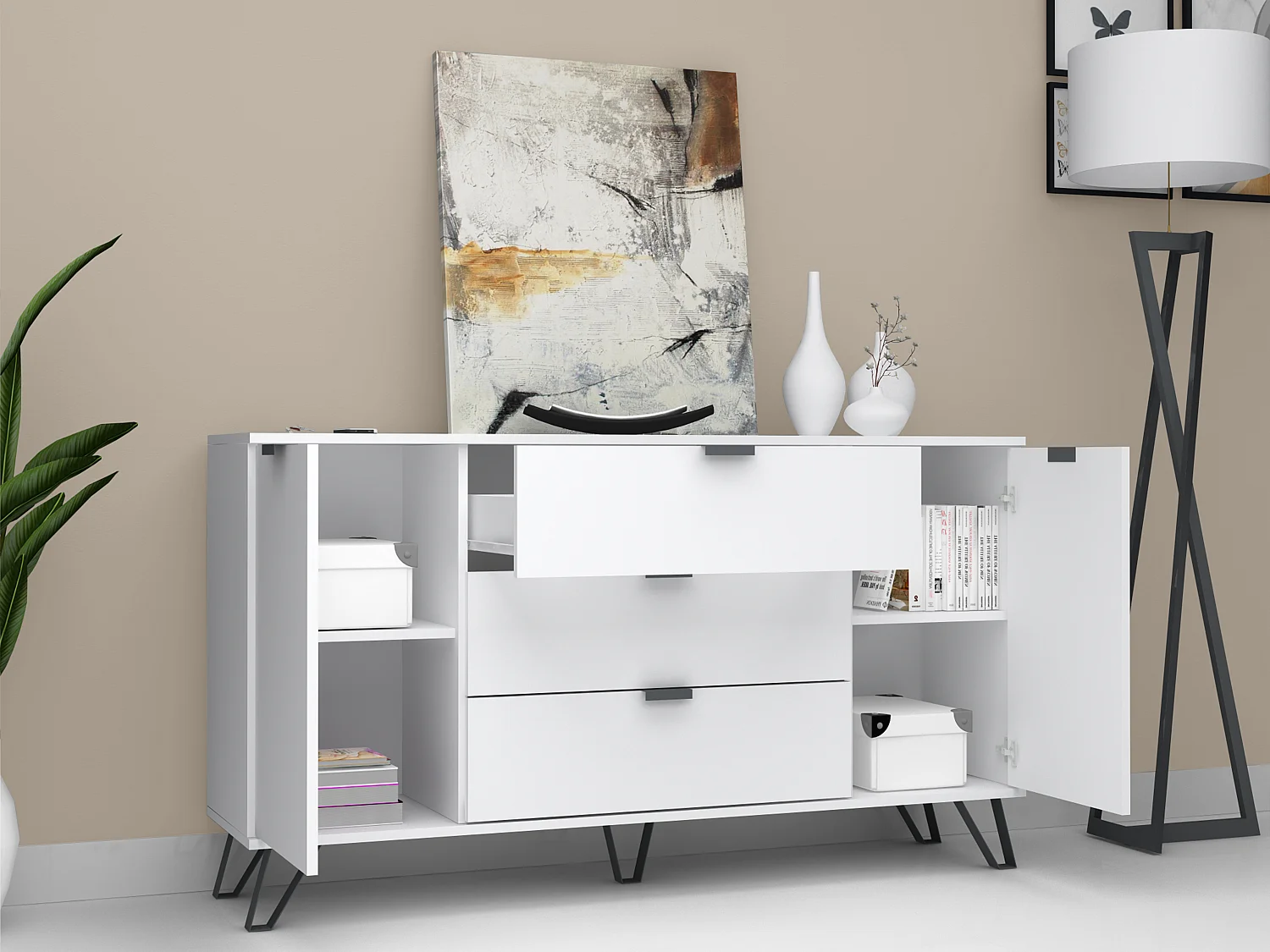 Buffet avec 2 portes et 3 tiroirs - Blanc et noir - MENODA