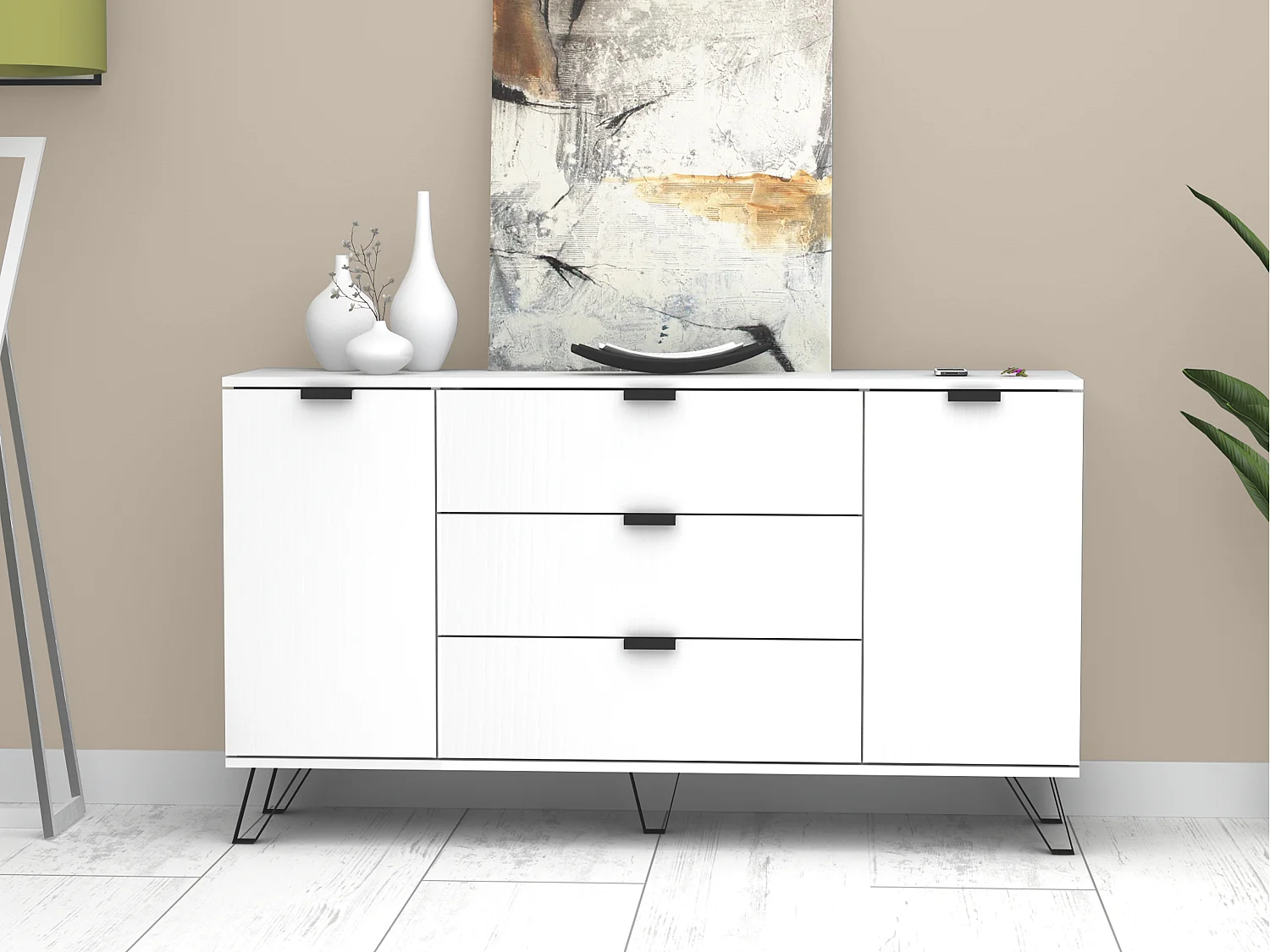 Buffet avec 2 portes et 3 tiroirs - Blanc et noir - MENODA