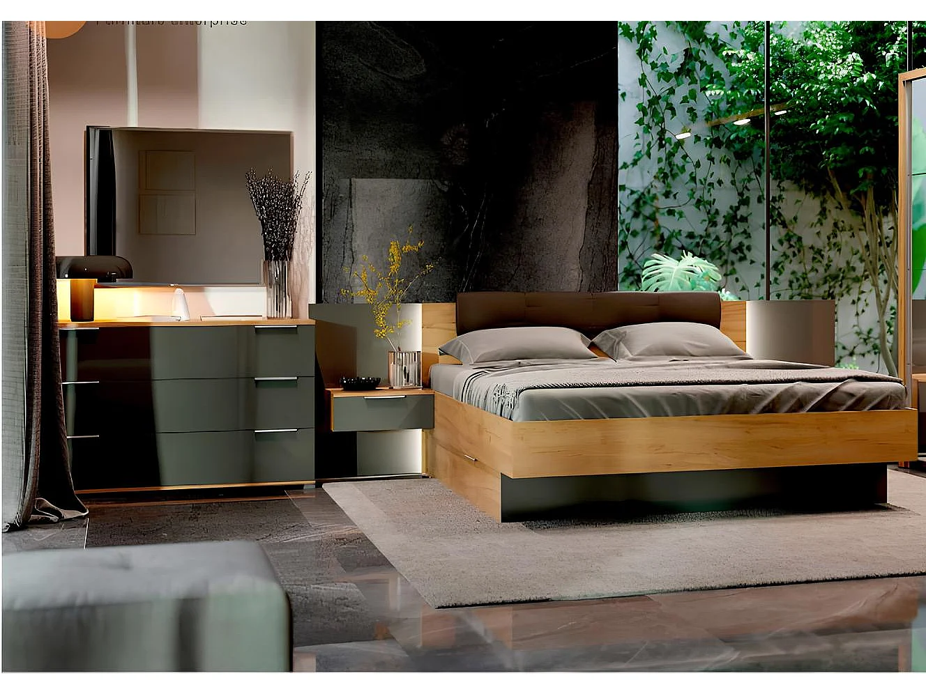 Chambre LUNA avec tiroir de rangement, chevets suspendus, lave mat et chêne clair 180x200 cm - SANS ARMOIRE