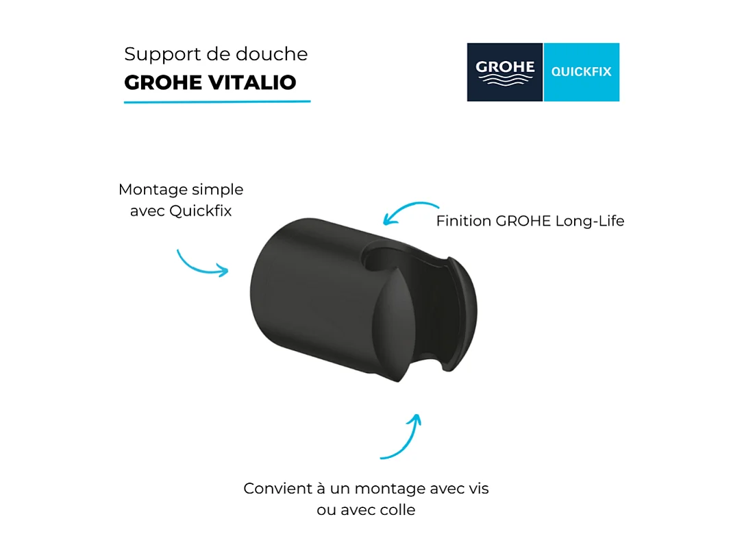 Support mural pour douchette GROHE Vitalio noir mat + nettoyant GrohClean