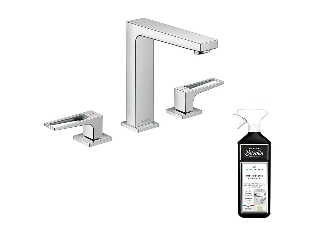 Mélangeur lavabo HANSGROHE 160 3 trous poignée étrier chrome + nettoyant Briochin