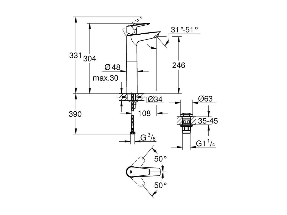 Mitigeur vasque GROHE Quickfix StartEdge avec bonde taille XL + microfibre