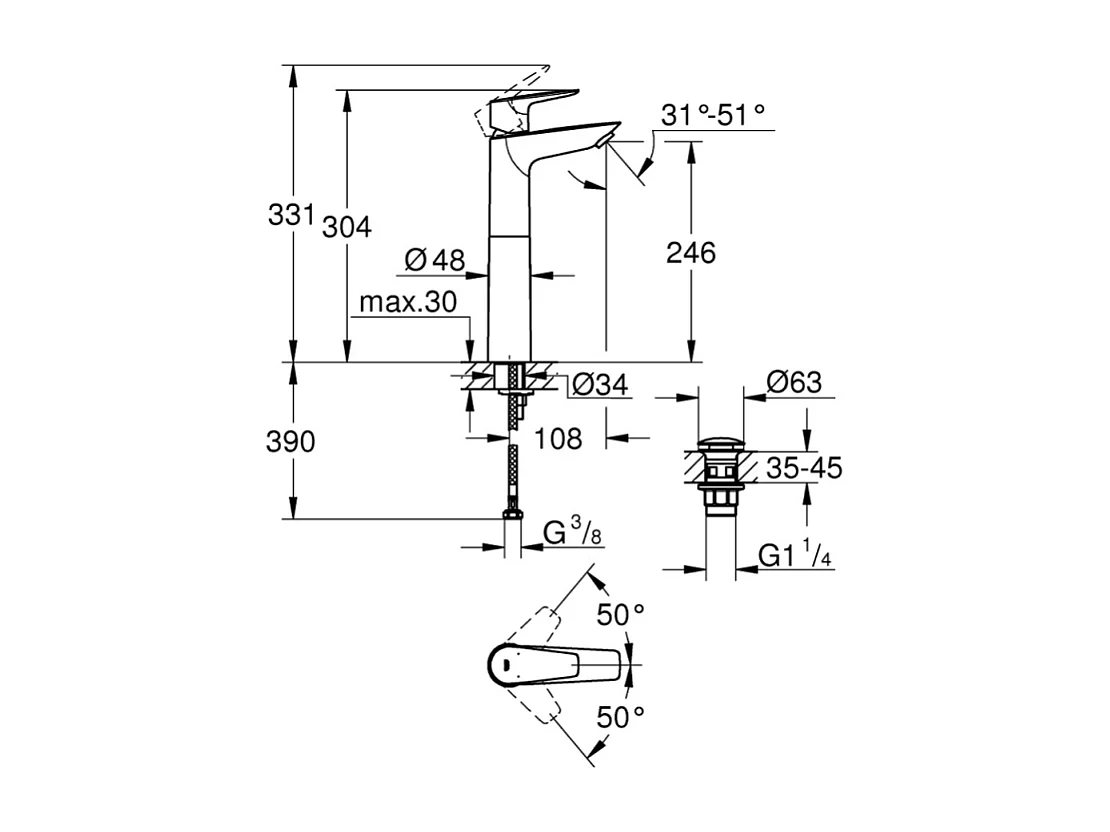 Lot de 2 mitigeurs GROHE StartEdge Quickfix avec bonde XL