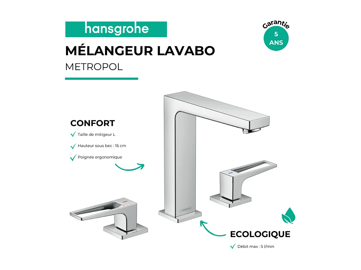 Mélangeur lavabo HANSGROHE 160 3 trous poignée étrier chrome + nettoyant Briochin