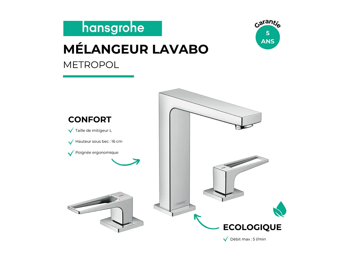 Mélangeur lavabo HANSGROHE 160 3 trous poignée étrier chrome