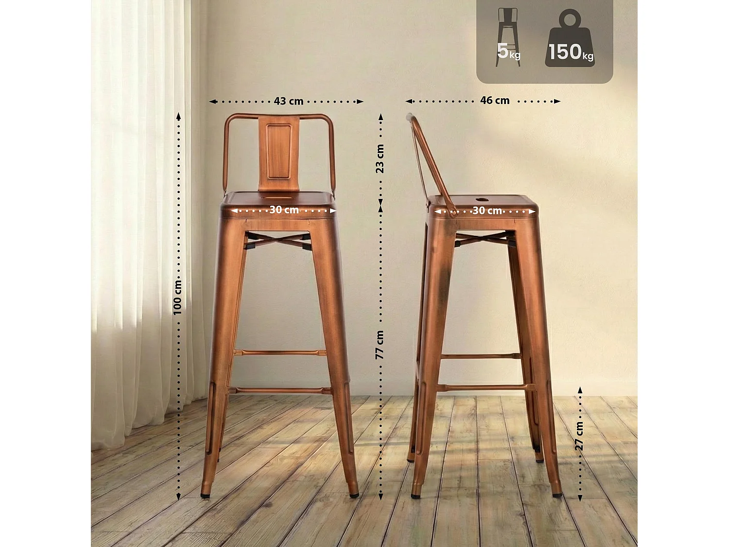 Lot de 4  Tabouret de bar - Métal & Nature - Cuivre - Mason