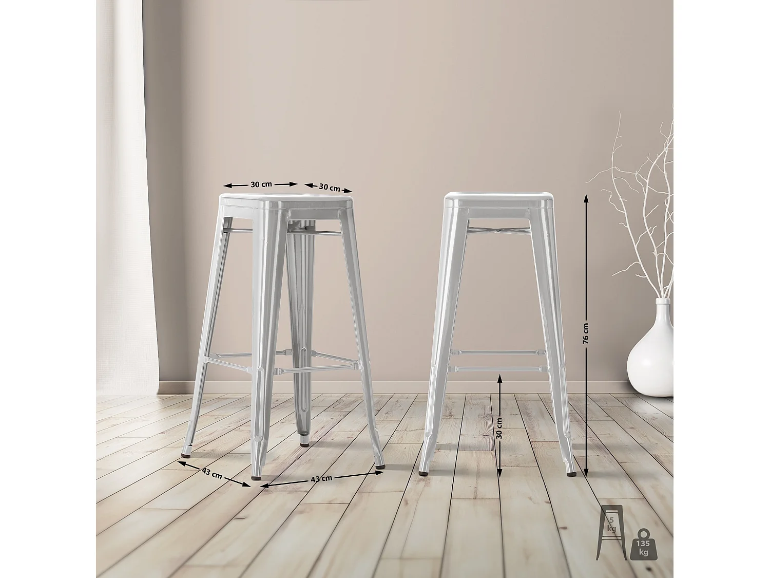 Lot de 4  Tabouret de bar - Métal - Argent - Joshua