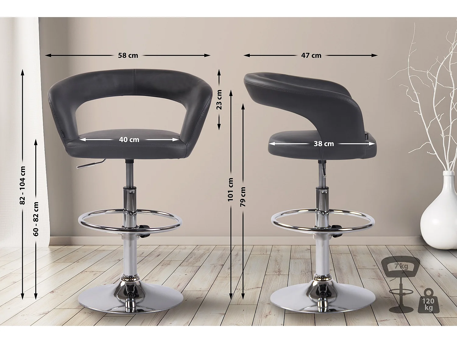 Lot de 2  Tabouret de bar - Similicuir & Métal chromé - Gris - Jaen