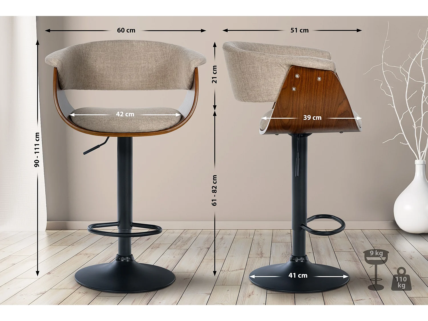 Tabouret de bar - Tissu - Noyer / Crème - Vestal