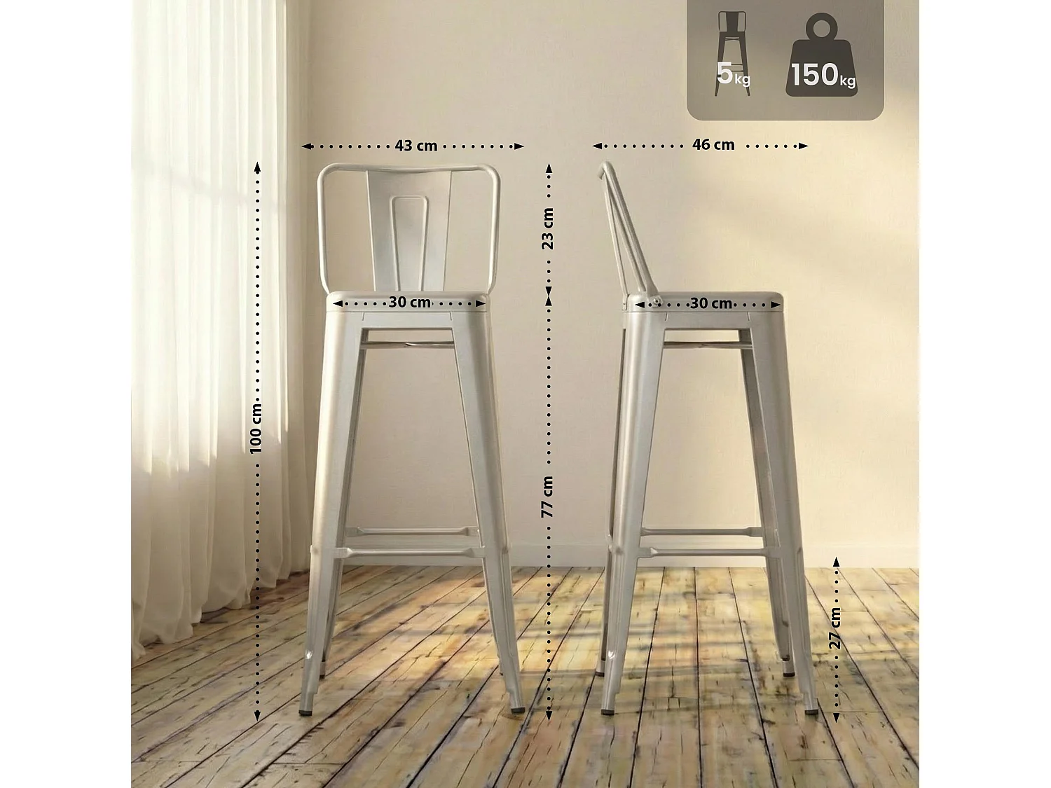 4er Set Barhocker - Metall & natura - silber - Mason