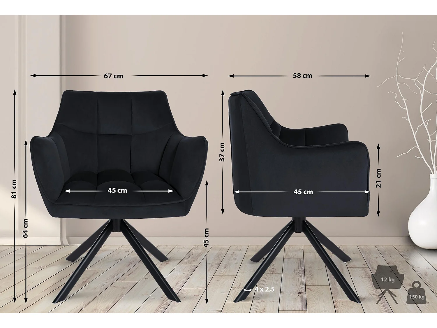 chaises avec accoudoirs - Velours & Noir - Noir - Swing