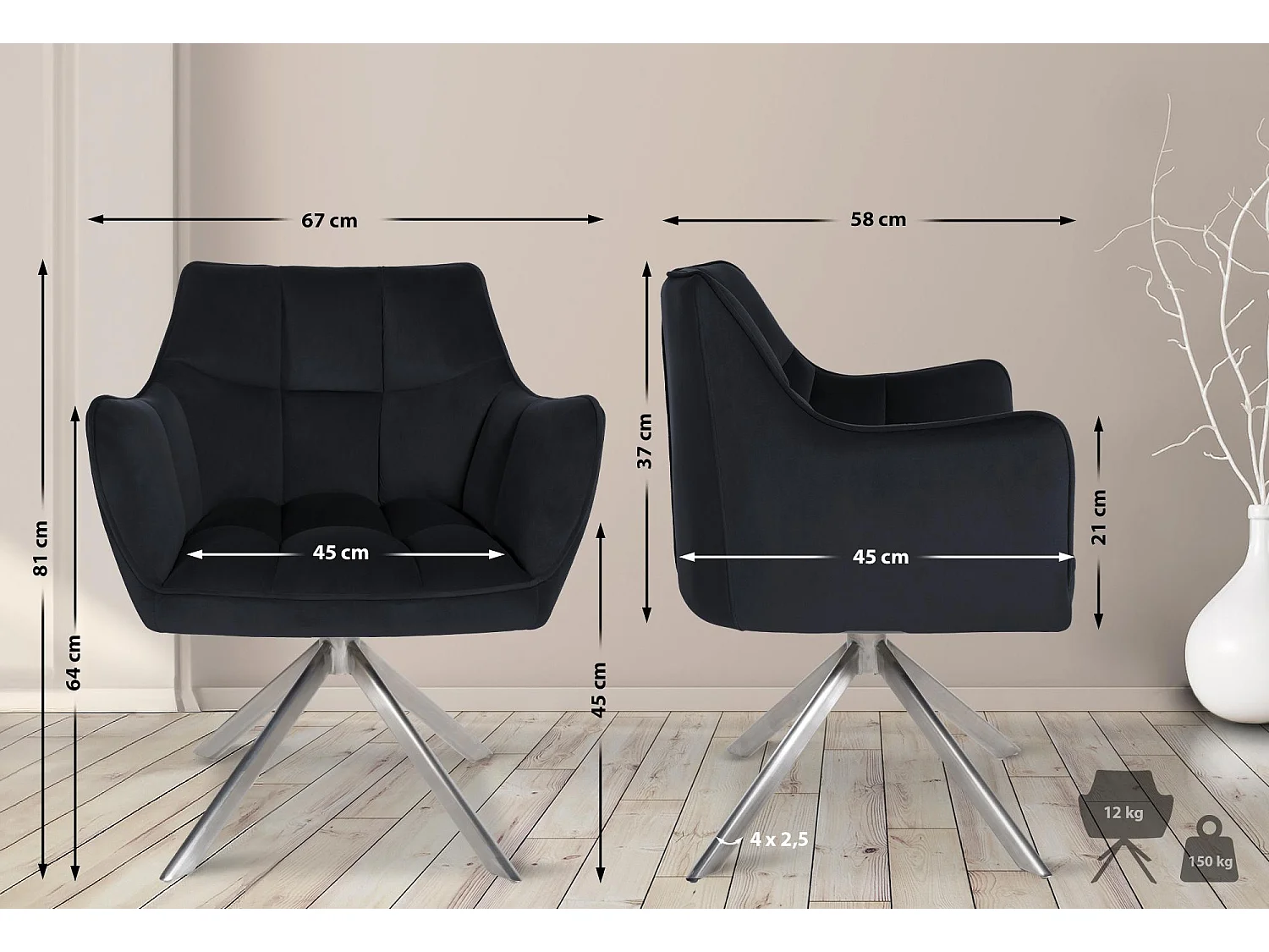 chaises avec accoudoirs - Velours & Acier inoxydable - Noir - Swing