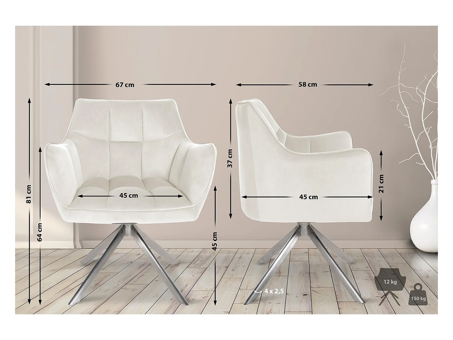 chaises avec accoudoirs - Velours & Acier inoxydable - Crème - Swing