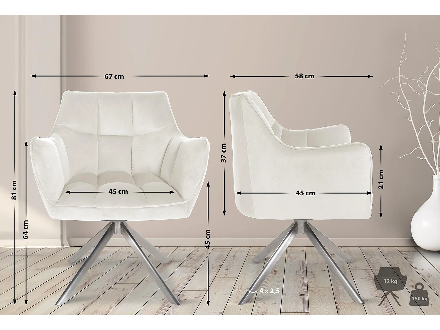 chaises avec accoudoirs - Velours & Acier inoxydable - Crème - Swing