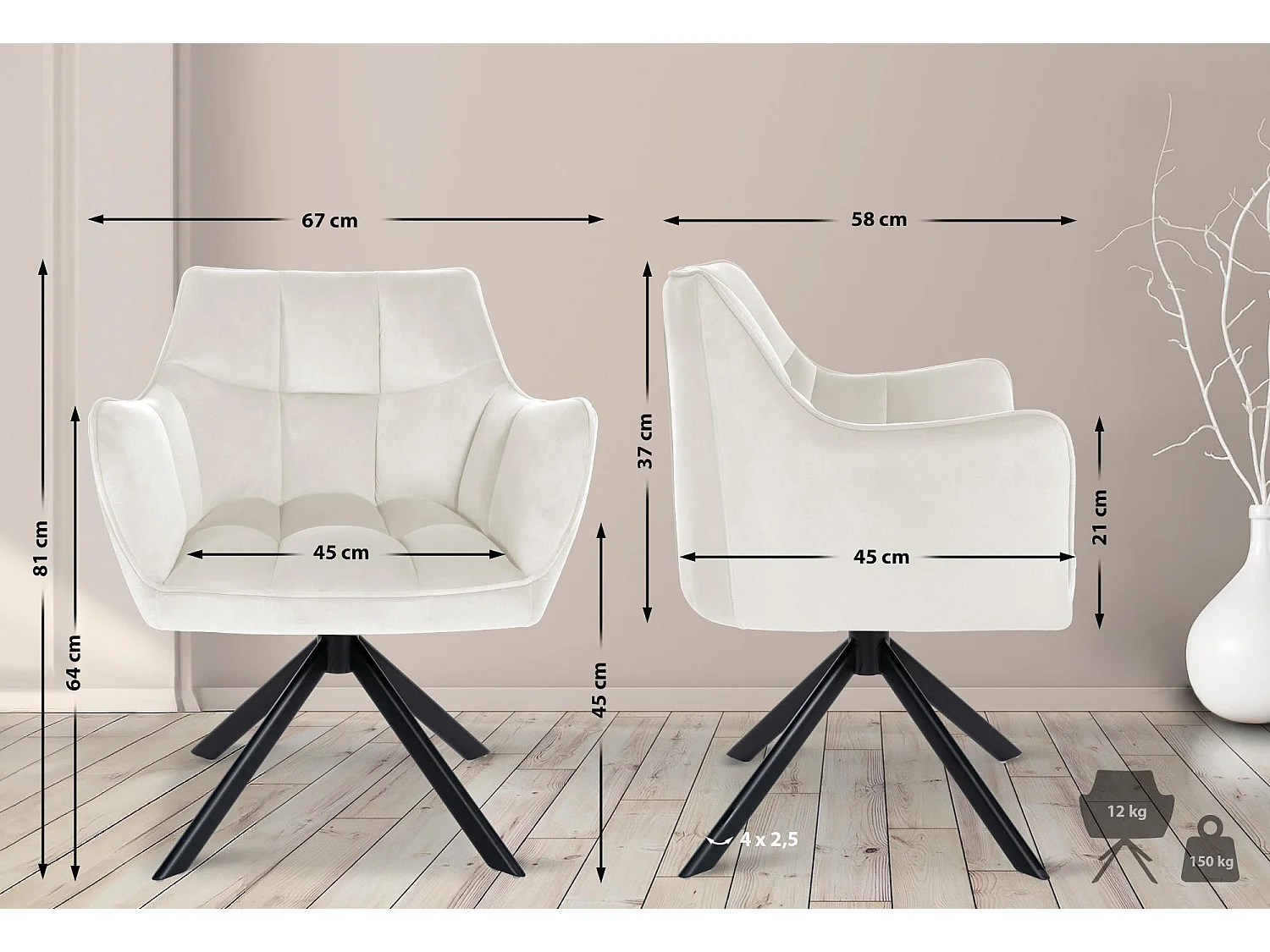 chaises avec accoudoirs - Velours & Noir - Crème - Swing