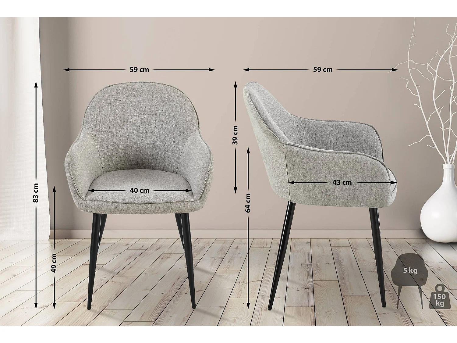 chaises avec accoudoirs - Tissu - Gris - Boise