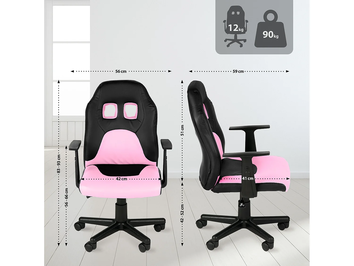 Chaise de bureau - Similicuir - Noir / Rose - Fun