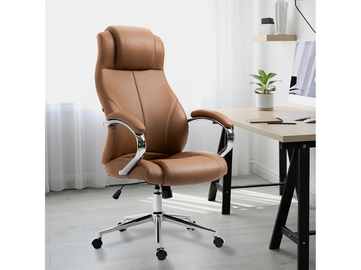 Chaise de bureau - Véritable cuir & Antique clair - Marron clair - Salford