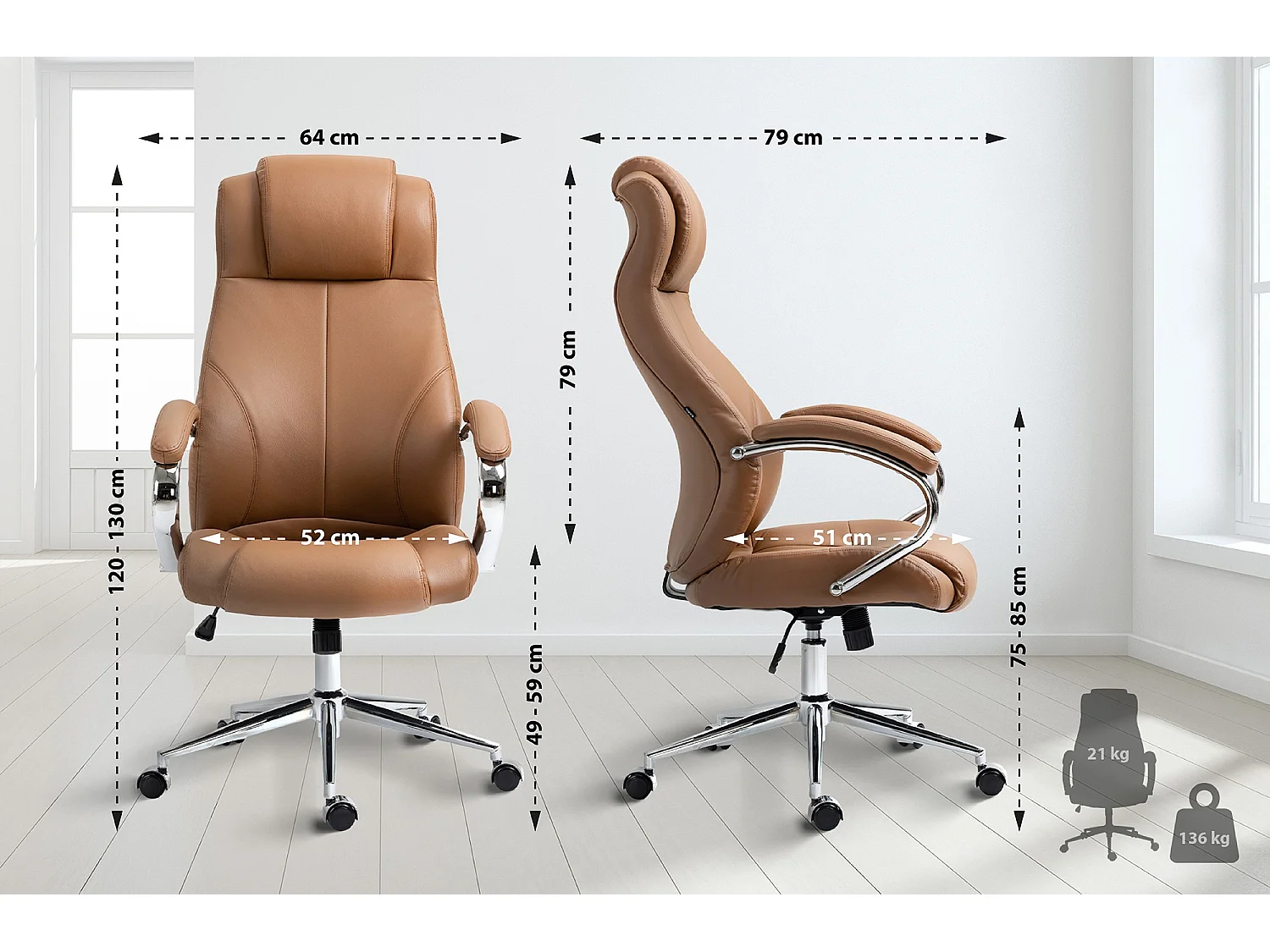 Chaise de bureau - Véritable cuir & Blanc - Marron clair - Salford