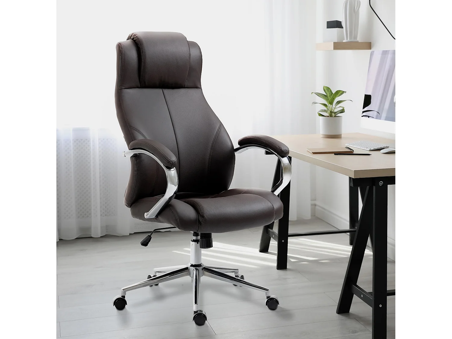 Chaise de bureau - Véritable cuir & Noir - Marron - Salford