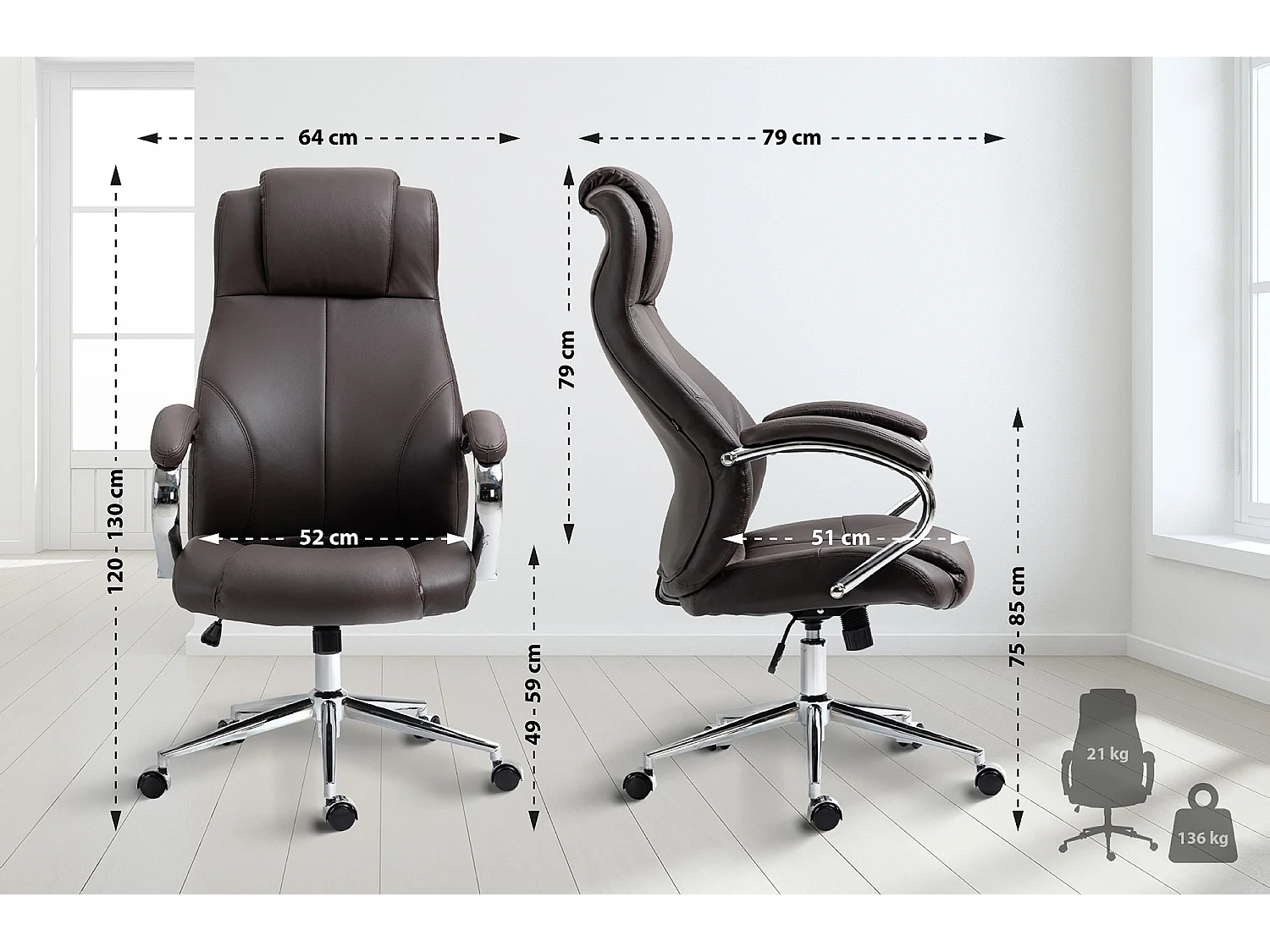 Chaise de bureau - Véritable cuir & Blanc - Marron - Salford