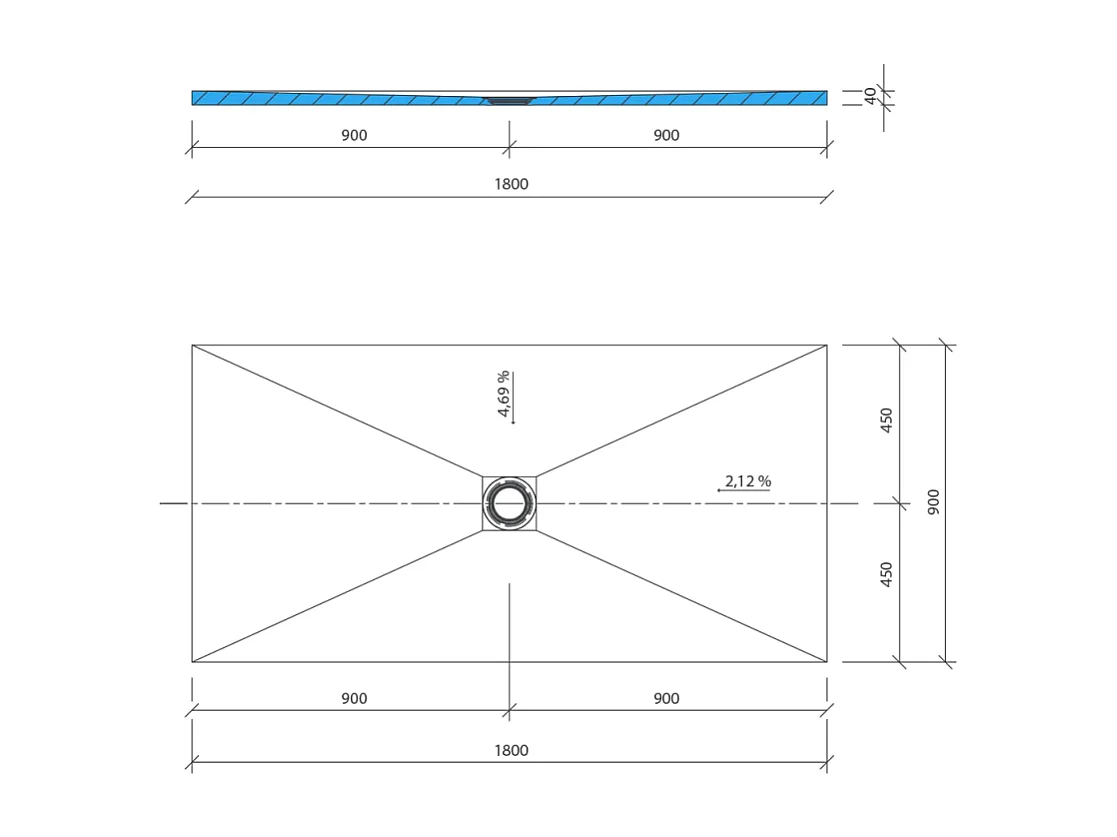 Receveur de douche à carreler 180 x 90 WEDI Fundo Primo rectangle écoulement centré